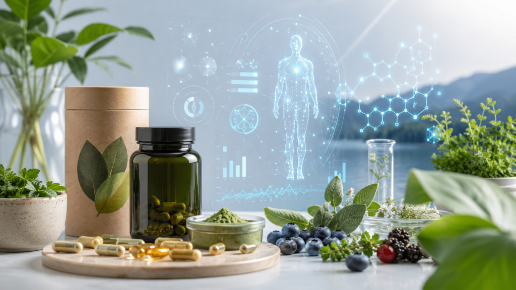 Die Zukunft der Nahrungsergänzung — was uns wirklich erwartet 1 Moderne Nahrungsergänzungsmittel mit Kapseln, Pflanzenstoffen und Beeren vor einer digitalen Gesundheitsanzeige mit KI- und Molekülgrafiken.