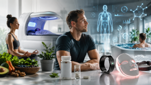 Neue Trends im Biohacking: Die wichtigsten Entwicklungen für Gesundheit, Energie & Longevity 17 Neue Trends im Biohacking mit Wearables, Rotlichtmaske, Kältetherapie, Schlaftechnologie, Nahrungsergänzung und digitaler Gesundheitsanalyse.
