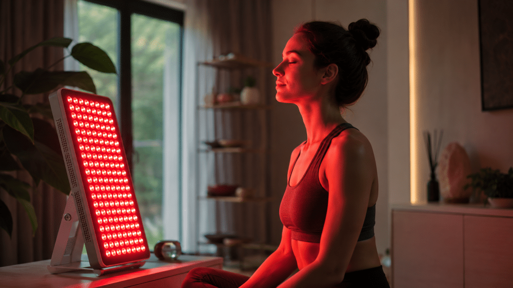 Rotlichttherapie und Sonnenlicht im Biohacking: Wirkung, Vorteile und richtige Anwendung 1 Frau sitzt entspannt vor einem Rotlicht-Panel und nutzt Photobiomodulation zur Unterstützung von Haut, Regeneration und Wohlbefinden.