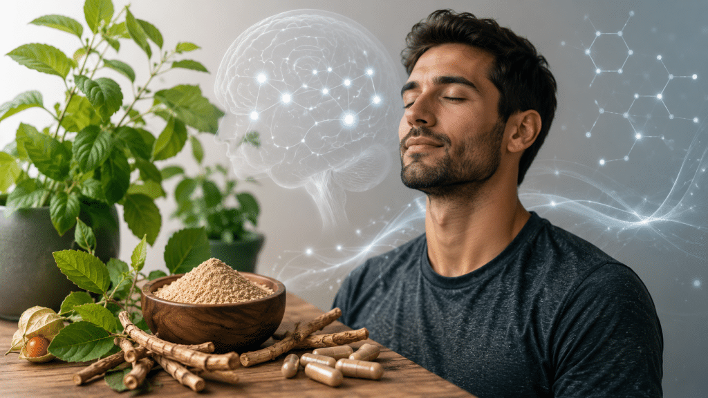 Ashwagandha: Wirkung, Einnahme und Risiken – was Studien wirklich zeigen 1 Entspannter Mann neben Ashwagandha-Pflanze, Wurzeln, Pulver und Kapseln als Symbol für Stressabbau, mentale Balance und natürliche Unterstützung des Nervensystems.