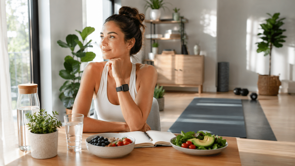 Biohacking-Wochenplan für Einsteiger: Dein einfacher 7-Tage-Plan 1 Biohacking-Wochenplan: Frau mit Fitnessuhr sitzt an einem Tisch mit Wasser, gesundem Frühstück und Journal; im Hintergrund liegen Yogamatte und Hanteln.