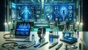 Biohacking Tools & Gadgets zur Analyse des Körpers 10 Eine hochmoderne Szene mit verschiedenen-Biohacking Tools und Geräten.
