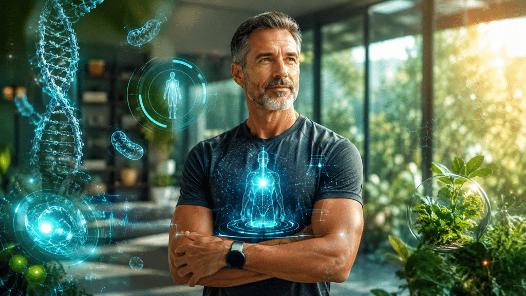 Biohacking und Longevity: Den Schlüssel zur Langlebigkeit entdecken 1 Vitaler Mann mit Smartwatch vor digitalen Darstellungen von DNA, Zellen und Gesundheitsdaten als Symbol für Biohacking, Longevity und gesundes Altern.