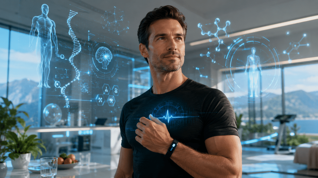 Biohacking: Die Zukunft der Gesundheit? 1 Sportlicher Mann mit Fitness-Tracker vor digitalen Gesundheitsdaten, DNA, Gehirn und Körperscan als Symbol für Biohacking, Prävention und personalisierte Medizin.