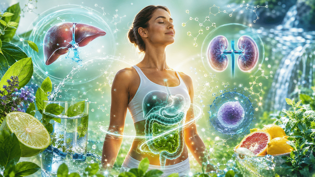 Detox: Wie wir durch Entgiftung unsere Gesundheit verbessern können 9 Frau in einer natürlichen Umgebung mit symbolisch dargestellter Leber, Nieren und Verdauung sowie Wasser, Kräutern und Zitrusfrüchten als Zeichen für Detox und Entgiftung.