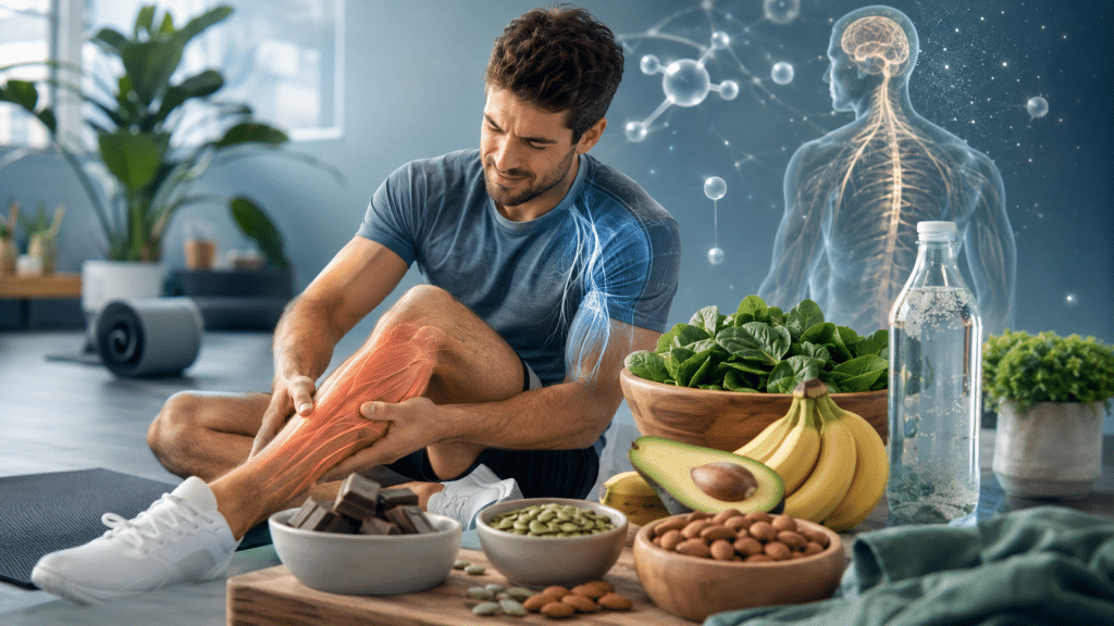 Magnesiummangel: Ursachen, Symptome und Maßnahmen zur Behebung 1 Sportlicher Mann hält seine schmerzende Wade. Daneben liegen magnesiumreiche Lebensmittel wie Spinat, Mandeln, Kürbiskerne, Avocado, Banane und dunkle Schokolade.