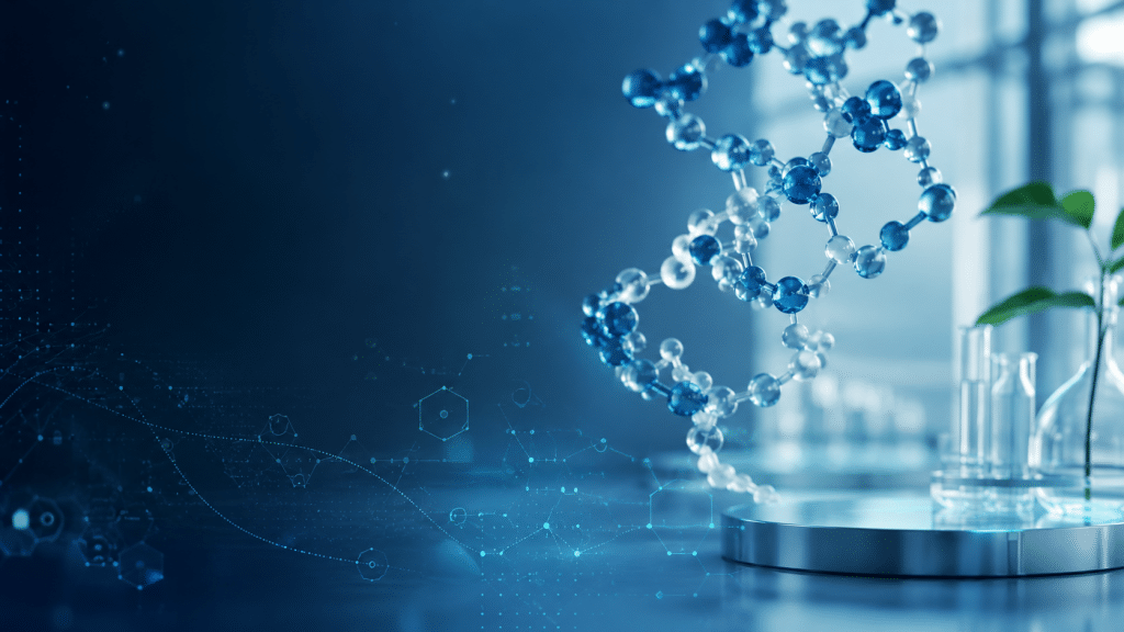Peptide im Biohacking: Wirkung, Chancen und Risiken 1 Peptide im Biohacking: Modernes biomedizinisches Hero-Bild mit abstrakter Molekülstruktur, Labor-Elementen und digitalen Biohacking-Symbolen in Blau- und Türkistönen.