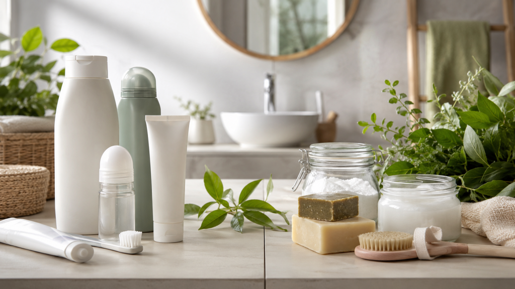 Alltagsgifte: Wie sie uns schaden und welche Alternativen es gibt 6 Alltagsgifte: Moderne Badezimmer-Szene mit herkömmlichen Pflegeprodukten wie Shampoo, Deo und Zahnpasta sowie natürlichen Alternativen wie Seife, Natron, Kokosöl und frischen Kräutern.