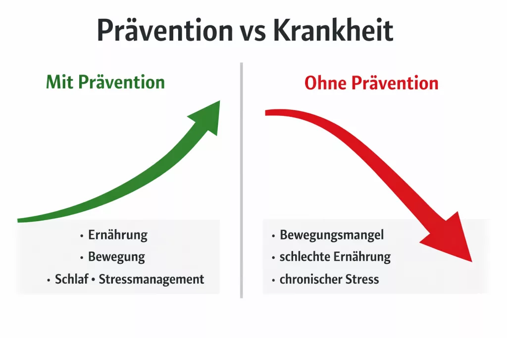 Longevity durch Prävention – Warum Vorbeugung dein Leben verlängert 3 Infografik: Prävention vs Krankheit – Vergleich zwischen gesundem Lebensstil mit Ernährung, Bewegung, Schlaf und Stressmanagement und ungesundem Lebensstil mit Bewegungsmangel, schlechter Ernährung und chronischem Stress.