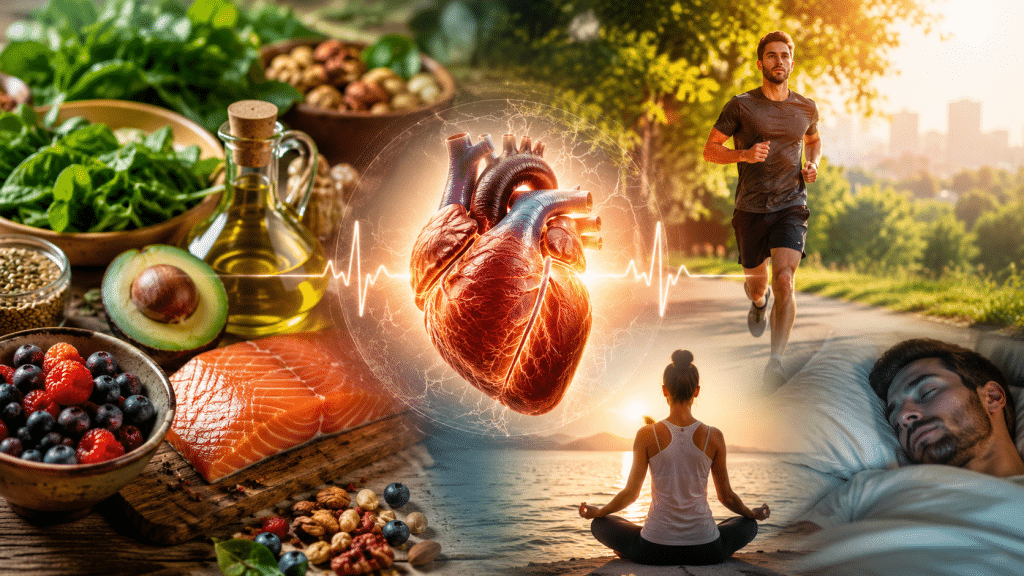 Biohacking für die Herzgesundheit: So stärkst du Herz und Gefäße 1 Anatomisches Herz im Zentrum, umgeben von herzgesunden Lebensmitteln, einem Jogger, einer meditierenden Frau und einem schlafenden Mann als Symbole für Ernährung, Bewegung, Stressabbau und Erholung.