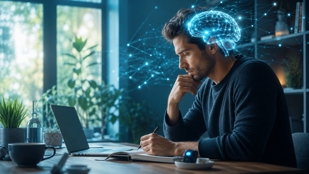 Gehirn auf Turbo: Wie du deine mentale Leistung durch Neurohacks steigerst 1 Konzentrierter Mann am Schreibtisch mit leuchtender Gehirndarstellung und neuronalen Verbindungen als Symbol für Fokus, mentale Klarheit und Neurohacking.