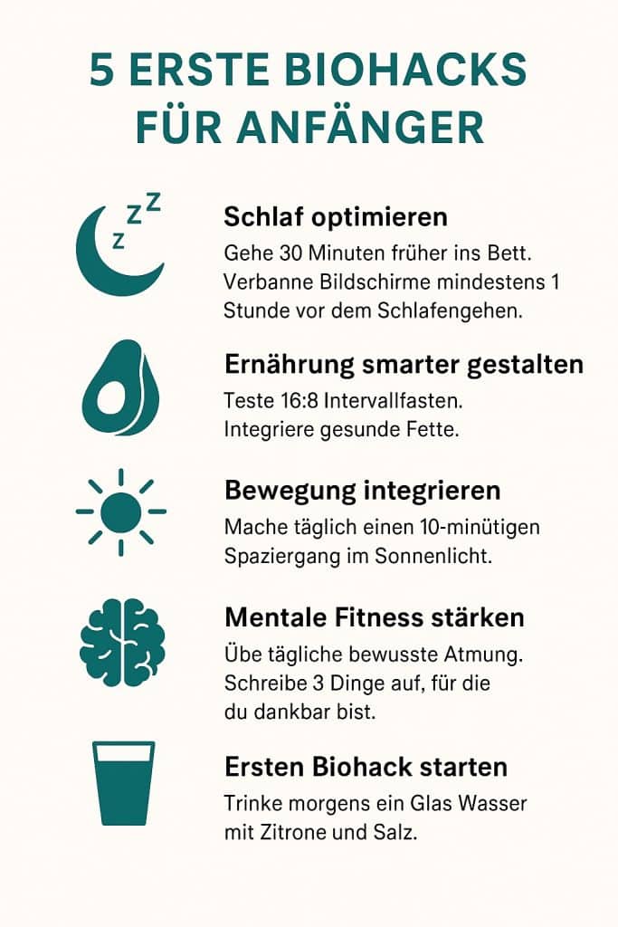 Infografik: 5 einfache Biohacks für Anfänger – Schlaf verbessern, Ernährung optimieren, Bewegung integrieren, mentale Fitness steigern und Hydration erhöhen – kompakt dargestellt für mehr Energie, Gesundheit und Langlebigkeit.