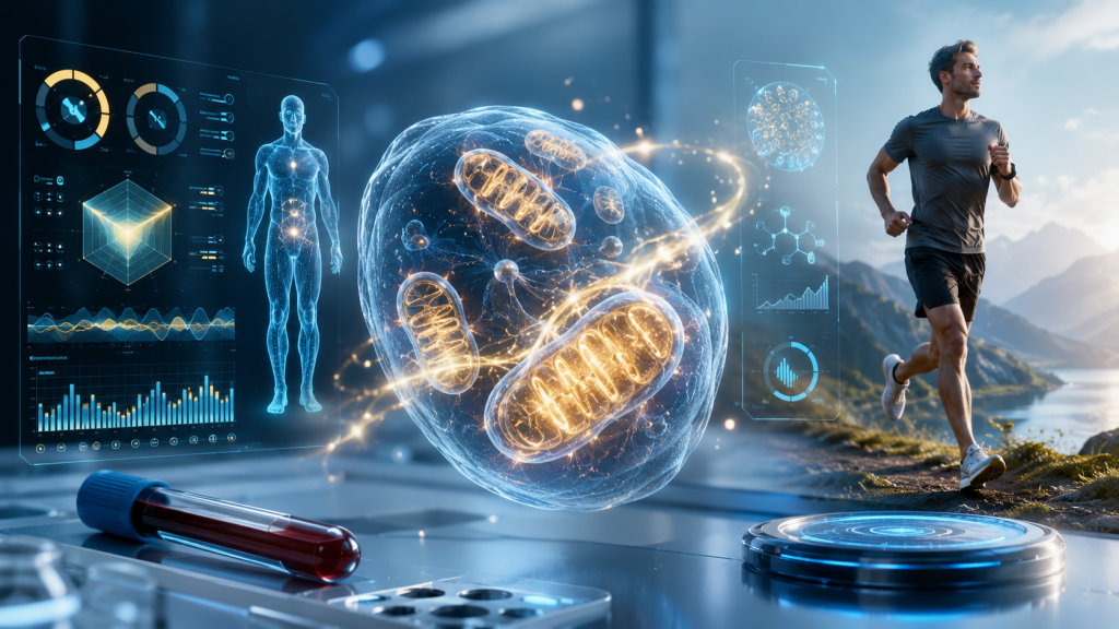 Bioenergetic Health Index (BHI): Bedeutung für Gesundheit & Energie 12 uturistische Darstellung mit leuchtenden Mitochondrien, Gesundheitsdaten, Blutprobe und einem laufenden Sportler als Symbol für Zellenergie, Stoffwechsel und den Bioenergetic Health Index.