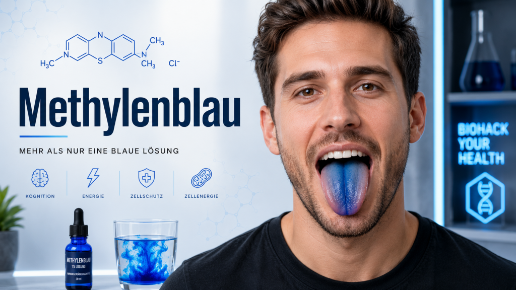 Methylenblau: Der Geheimtipp unter Biohackern 5 Mann mit deutlich blau gefärbter Zunge neben Methylenblau-Lösung, Wasserglas und chemischer Strukturformel in moderner Biohacking-Umgebung.