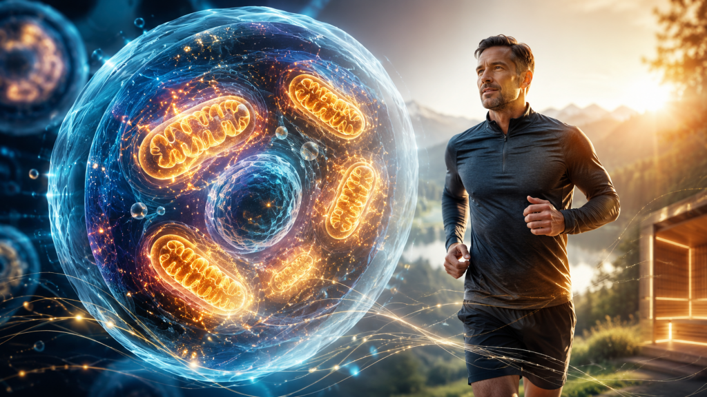 Mitochondrien stärken – Die Energie-Kraftwerke deiner Zellen optimieren 1 Mitochondrien stärken: Leuchtende Mitochondrien in einer menschlichen Zelle neben einem laufenden Mann als Symbol für Zellenergie, Regeneration, Vitalität und Longevity.