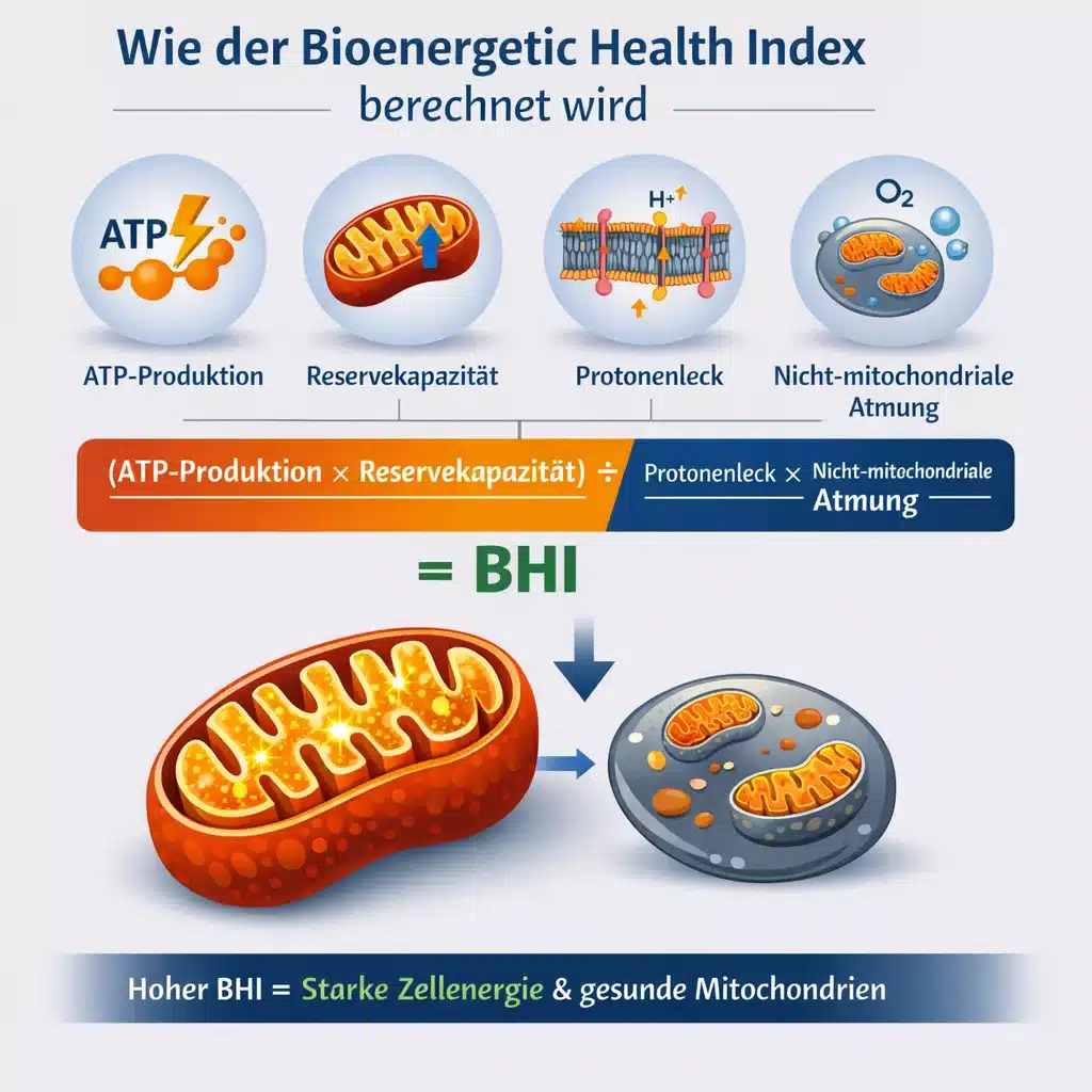Bioenergetic Health Index (BHI): Bedeutung für Gesundheit & Energie 3 Grafik zur Berechnung des Bioenergetic Health Index (BHI) mit ATP-Produktion, Reservekapazität, Protonenleck und mitochondrialer Atmung