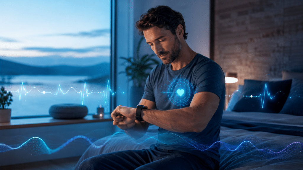 Herzfrequenzvariabilität (HRV): Was dein Herz über deine Gesundheit verrät 1 Mann überprüft seine Smartwatch, umgeben von digitalen Herzschlag- und HRV-Kurven als Symbol für Stress, Erholung und Herzfrequenzvariabilität.