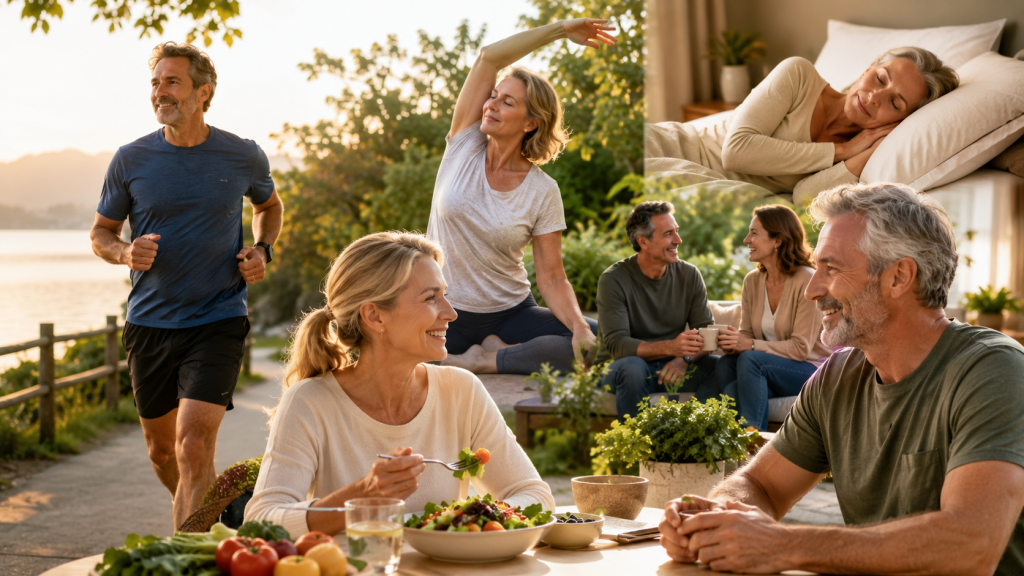 Longevity-Tipps: 5 Wege für ein langes, gesundes Leben 1 Longevity-Tipps: Aktive Menschen mittleren Alters beim Sport, gesunden Essen, Entspannen, Schlafen und gemeinsamen Austausch als Symbole für einen gesunden Longevity-Lebensstil.