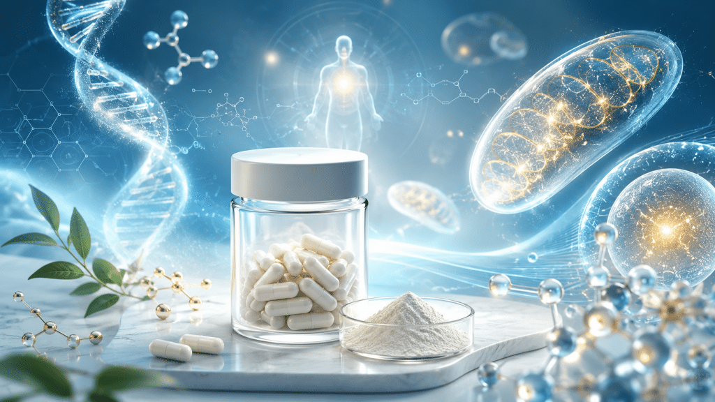 NAD+ und Langlebigkeit: Wie das Zellwunder-Molekül deinen Alterungsprozess verlangsamen kann 7 Moderne Darstellung von NAD+ mit Kapseln, DNA-Strang, Mitochondrien und leuchtenden Zellstrukturen als Symbol für Energie, Zellschutz und gesundes Altern.