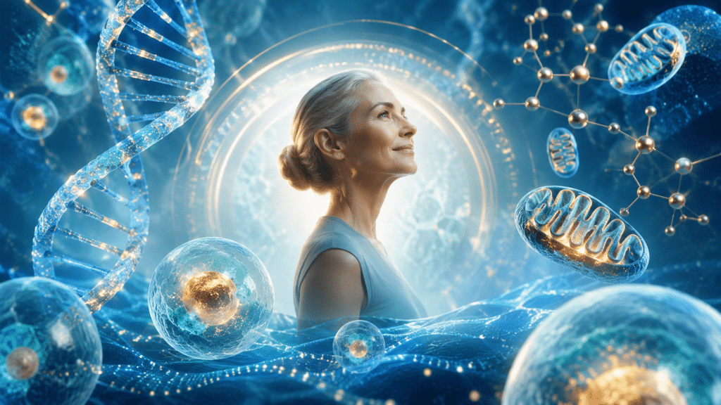 Sirtuine: Die molekularen Schlüssel zu Langlebigkeit und Vitalität 3 Futuristische Darstellung einer älteren Frau zwischen DNA-Strängen, Zellen und Mitochondrien als Symbol für Sirtuine, Zellschutz und Longevity.