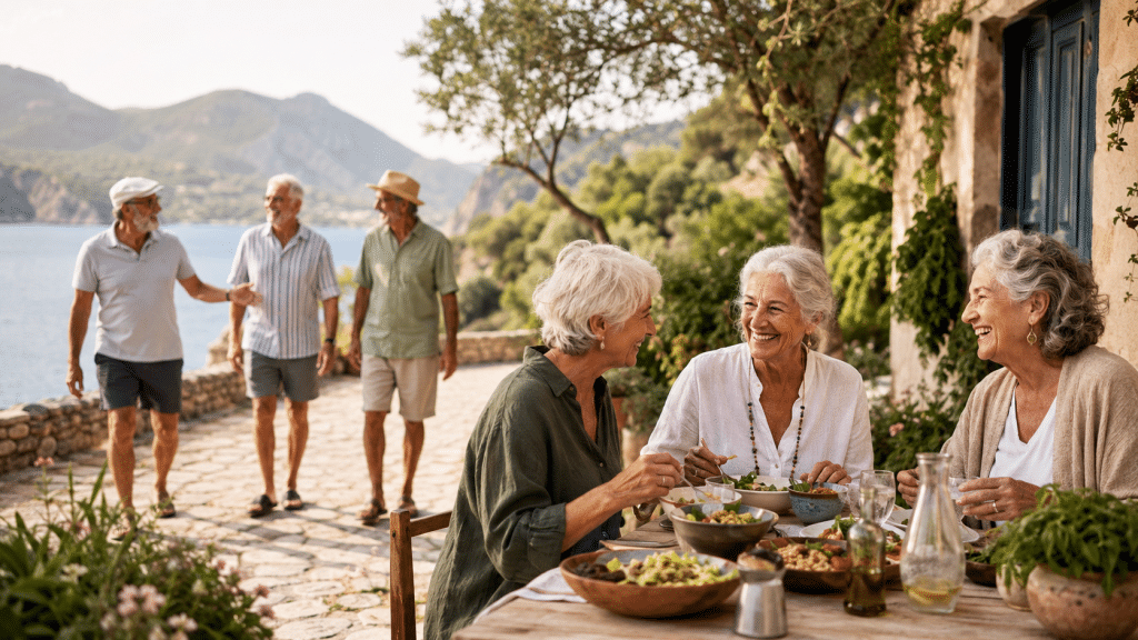 Blue Zones: Die Geheimnisse der langlebigsten Menschen der Welt 1 Ältere Menschen genießen gemeinsam ein gesundes Essen und Bewegung am Meer als Symbol für Blue Zones, Langlebigkeit, Gemeinschaft und gesunden Lebensstil.