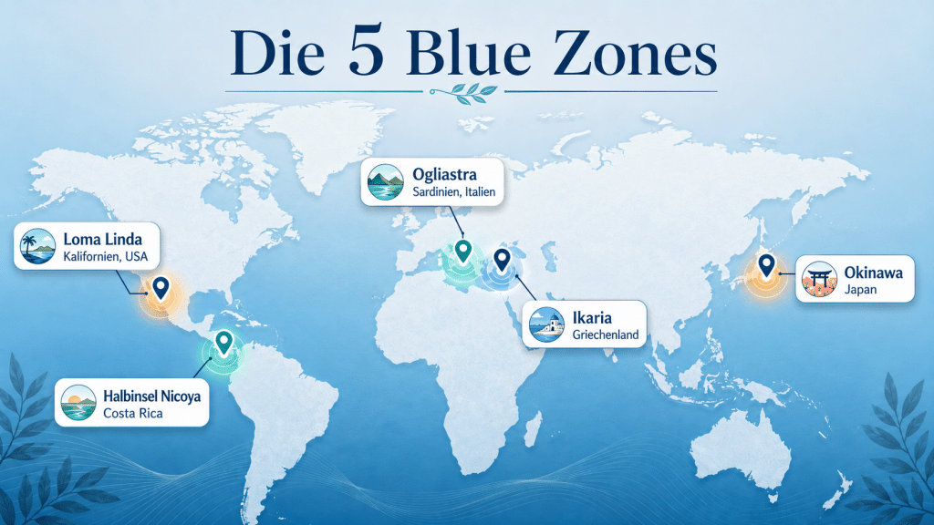Blue Zones: Die Geheimnisse der langlebigsten Menschen der Welt 3 Weltkarte mit den fünf Blue Zones: Ikaria, Okinawa, Ogliastra auf Sardinien, Halbinsel Nicoya und Loma Linda als Regionen für Langlebigkeit und gesundes Altern.