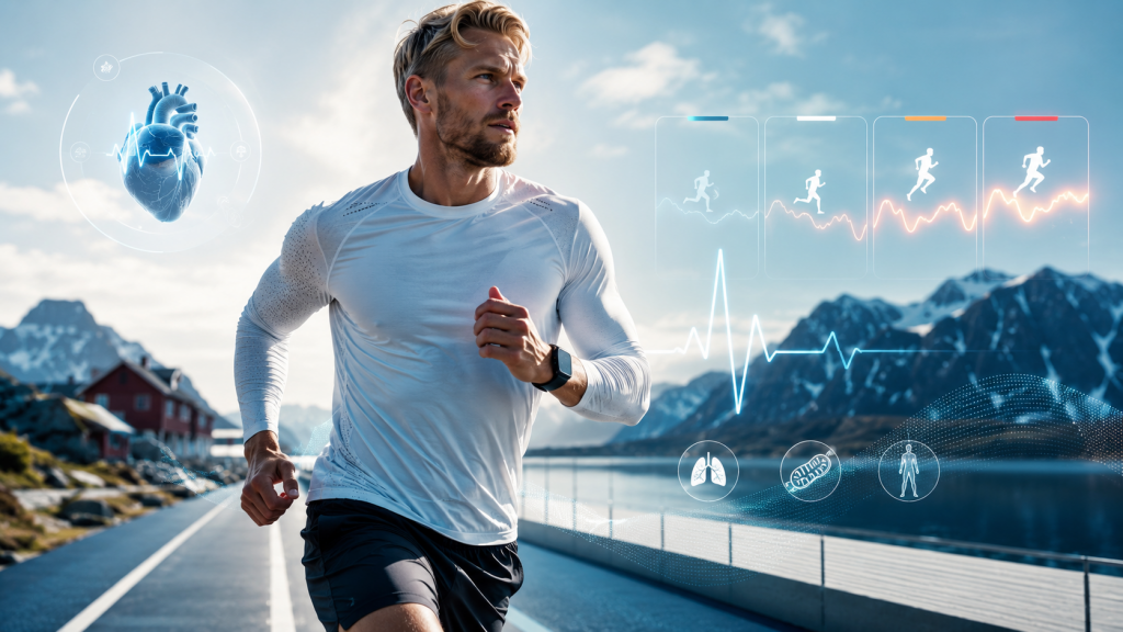 Das norwegische 4x4-Protokoll: Effizientes Intervalltraining für maximale Ausdauer, Gesundheit und Langlebigkeit 2 Athlet beim intensiven Lauftraining vor norwegischer Berglandschaft mit Herzfrequenzkurve, Intervallphasen und Fitnessdaten.