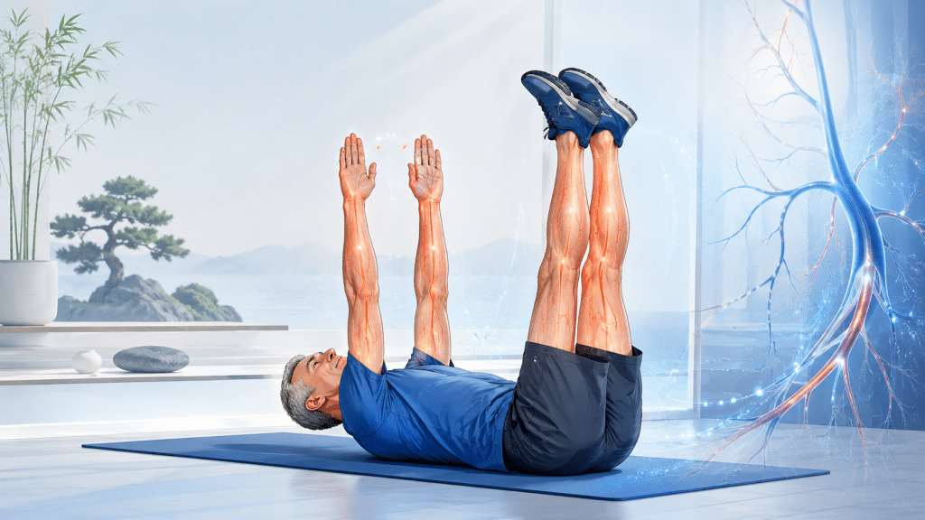 Blutgefäß-Training nach Toshiro Iketani – Das vergessene Gefäßsystem aktivieren und jung bleiben 5 Ein Mann liegt auf einer Trainingsmatte mit nach oben gestreckten Armen und Beinen und führt eine Übung zur Förderung der Durchblutung und Gefäßgesundheit aus.