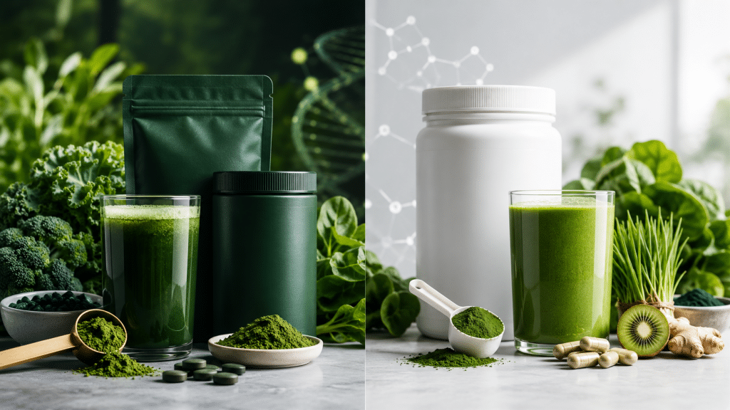 Supergreens im Test 2026: Wie gut sind AG1 und Biogena One wirklich? 12 Zwei Supergreens-Produkte mit grünem Pulver, Messlöffel, Pflanzentabletten, frischen Blättern und grünen Drinks im direkten Vergleich.