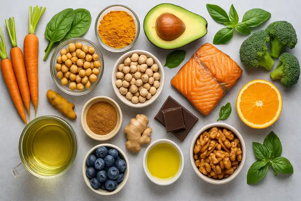 Die Anti-Inflammatory-Diät – Entzündungen stoppen, länger leben 3 Verschiedene frische, entzündungshemmende Lebensmittel wie Lachs, Avocado, Brokkoli, Karotten, Blaubeeren, Kurkuma, Ingwer, Nüsse, Olivenöl und dunkle Schokolade sind auf einer hellen Steinoberfläche ansprechend arrangiert und symbolisieren die Vielfalt der Anti-Inflammatory-Diät.
