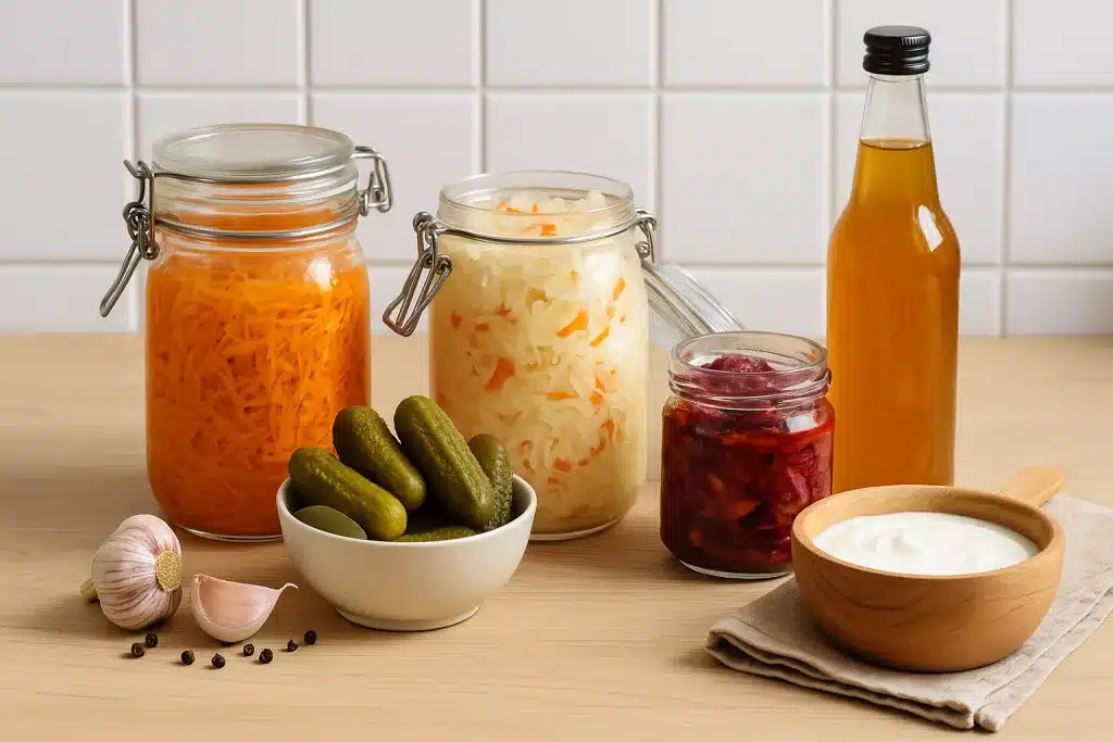 Fermentierte Lebensmittel und Longevity: Wie probiotische Ernährung das Altern verlangsamen kann 7 Verschiedene fermentierte Lebensmittel auf einer hellen Küchenarbeitsfläche – Gläser mit Sauerkraut, Karotten, Kimchi, eine Schüssel mit Gewürzgurken, eine Flasche Kombucha und eine Schale mit Joghurt, arrangiert vor einem weißen Fliesenspiegel.