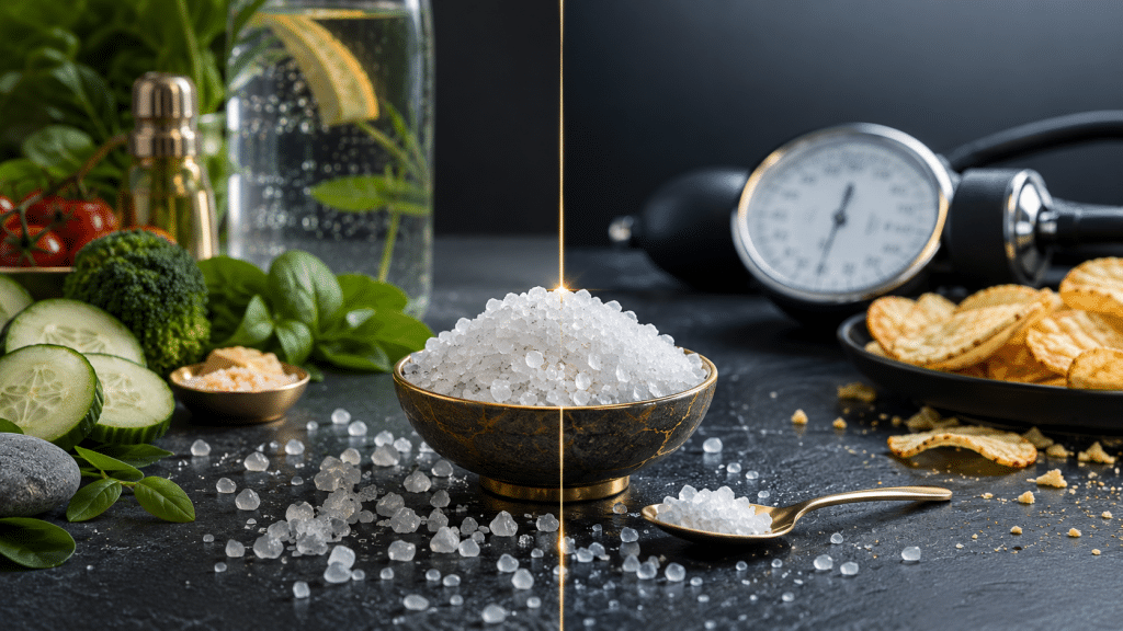 Salz – Weißes Gold oder Gesundheitsrisiko? 1 Schale mit groben Salzkristallen zwischen frischem Gemüse und Wasser auf der einen sowie Chips und Blutdruckmessgerät auf der anderen Seite.