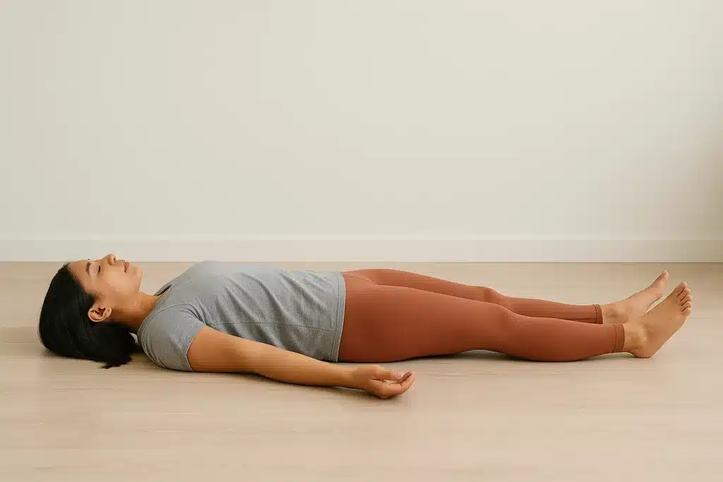 Das 7-Minuten-Wunder: Warum tägliches Liegen am Boden dein Gehirn beruhigt, Stress reduziert und deine Regeneration unterstützt 11 Das 7-Minuten-Wunder: Eine junge Frau liegt entspannt auf einem hellen Holzboden in einem minimalistischen Raum. Sie trägt ein graues T-Shirt und rostfarbene Leggings. Die Arme liegen locker neben dem Körper, die Augen sind geschlossen, der Atem ruhig. Die Szene wirkt modern, klar und beruhigend – perfekt, um das tägliche 7-Minuten-Bodenritual, Erdung und Nervensystem-Regeneration visuell darzustellen.