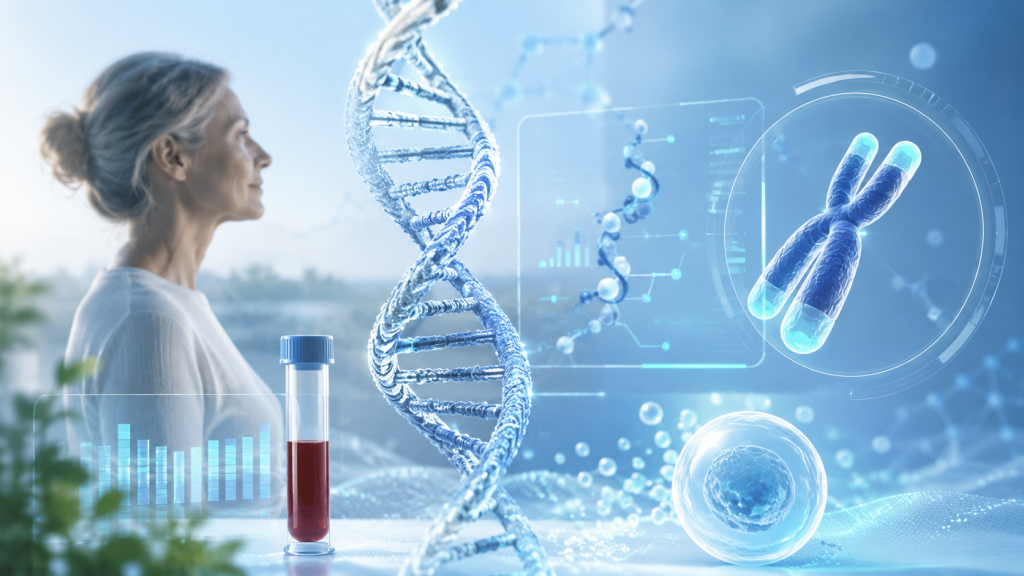 Biologisches Alter messen: Telomertest und Epigenetik 8 Frau neben DNA-Strang, Chromosom, Blutzprobe und Zellanalyse als Symbol für die Messung des biologischen Alters durch Telomertests und epigenetische Verfahren.