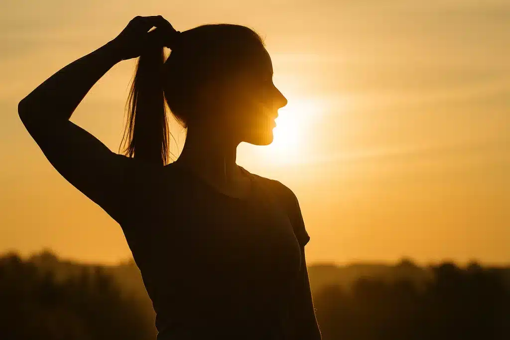 Biologisches Alter messen: Telomertest und Epigenetik 1 Das Bild zeigt eine friedliche Szene bei Sonnenuntergang: Eine Frau steht im Profil, von goldenem Licht umgeben, während sie ruhig ihren Pferdeschwanz hält. Das warme, natürliche Licht symbolisiert Energie, Balance und inneres Gleichgewicht – passend zu Themen wie Langlebigkeit, Achtsamkeit und Biohacking.