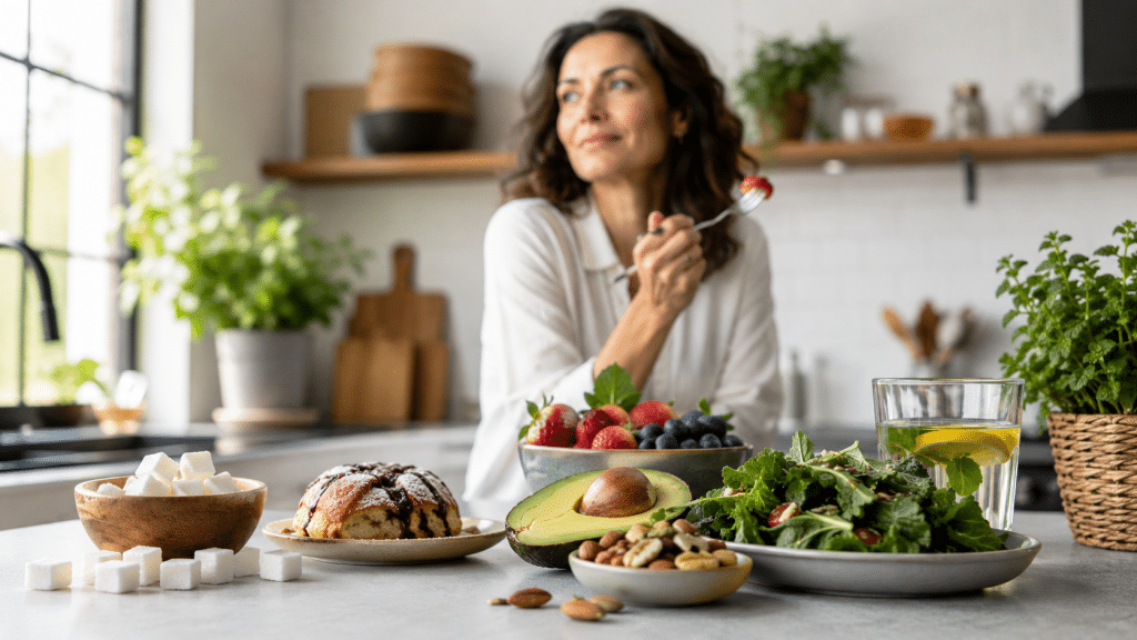 Moderne Küchenszene mit gesunden Lebensmitteln wie Beeren, Avocado, Nüssen, Salat und Wasser neben Zuckerwürfeln und Gebäck als Kontrast zwischen raffinierter Süße und longevity-orientierter Ernährung.