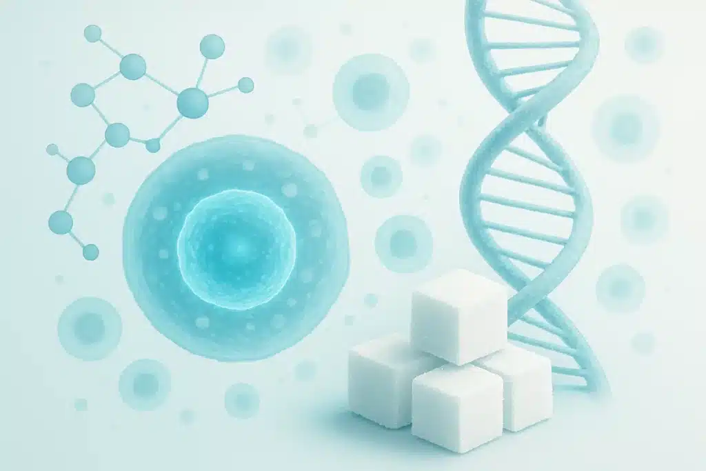 Longevity und Zucker – Die süße Falle, die dein biologisches Alter beschleunigt – und wie du es stoppen kannst 1 Darstellung von DNA, Körperzellen und Zuckerwürfeln – symbolisiert den Einfluss von raffiniertem Zucker auf Longevity und Zellgesundheit.