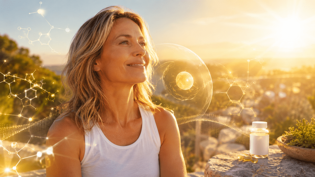 Eine lächelnde Frau sitzt im warmen Sonnenlicht in einer natürlichen Umgebung. Im Bild sind leuchtende Zell- und Molekülstrukturen zu sehen. Auf einem Steintisch liegen eine Flasche mit Vitamin-D-Kapseln und einzelne Softgel-Kapseln als Symbol für Vitamin D3, Immunsystem und gesunde Alterung.
