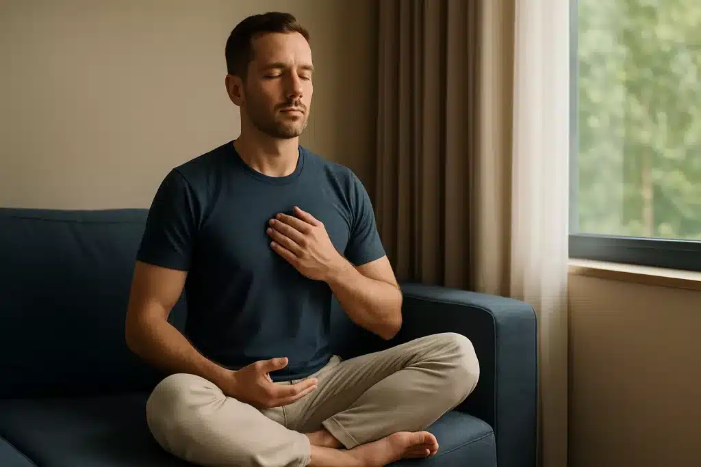 Meditation, Biohacking & Longevity – Wie du mit innerer Ruhe dein Leben verlängerst 9 „Ein junger Mann sitzt im Schneidersitz auf einem Sofa und meditiert mit geschlossenen Augen. Eine Hand liegt auf seinem Herzen, während sanftes Tageslicht durch ein Fenster fällt. Die Szene wirkt ruhig, minimalistisch und zeigt eine Herz-Atem-Meditation zur Entspannung und Stressreduktion.
