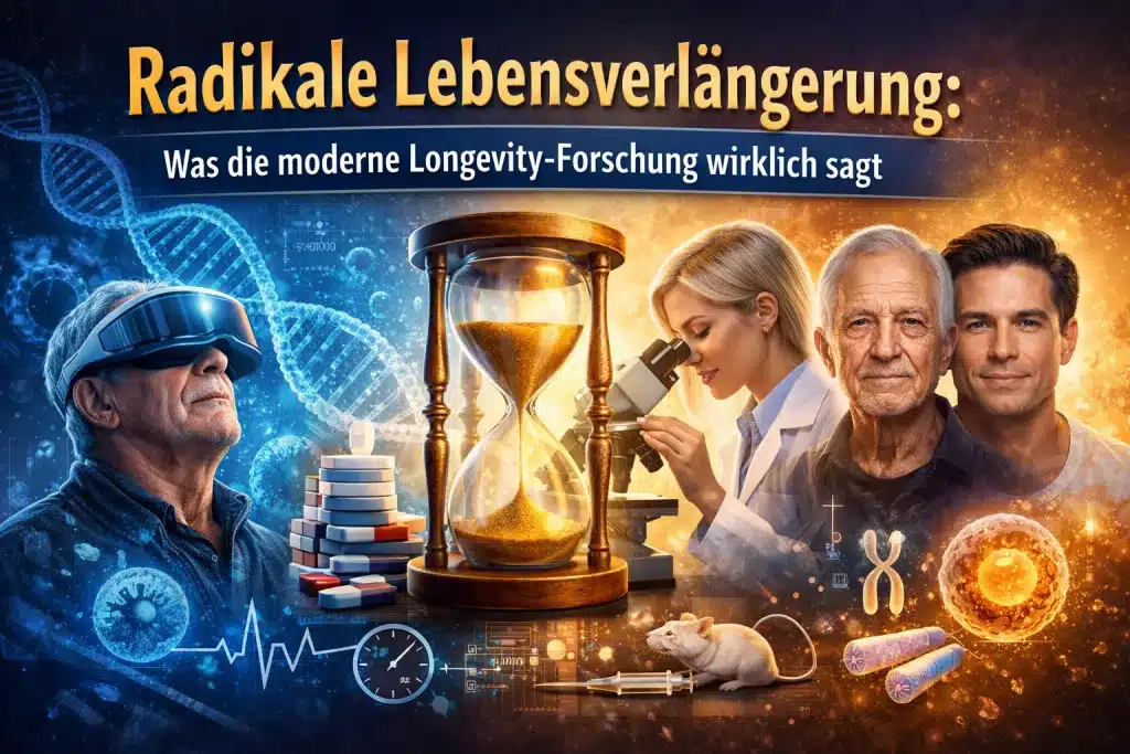 Radikale Lebensverlängerung: Was die moderne Longevity-Forschung wirklich sagt 13 Illustration zur radikalen Lebensverlängerung: DNA-Stränge, Sanduhr als Symbol der Zeit, moderne Laborforschung, Wissenschaftlerin am Mikroskop sowie der Vergleich zwischen älterem und jüngerem Menschen – Visualisierung zentraler Konzepte der Longevity-Forschung wie Zellalterung, Epigenetik und Anti-Aging-Wissenschaft.
