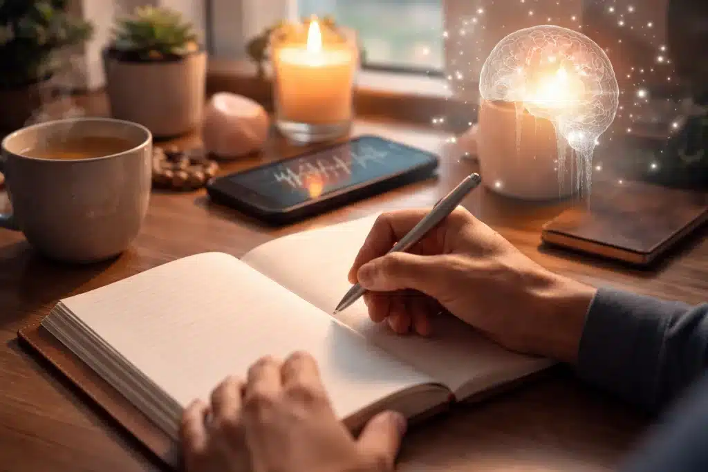 Journaling als Mindhack Nr. 1 - kraftvolle Methoden zu mehr Fokus & innerer Ruhe 7 Hände schreiben in ein Journal auf einem ruhigen Schreibtisch mit Kerzenlicht, Tee und digitalem Gehirn-Symbol – Visualisierung von Journaling als Mindhacking-Tool zur mentalen Klarheit, Stressreduktion und Biohacking.