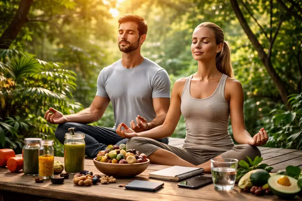 Balanced Biohacking: meditierendes Paar in der Natur mit gesunden Lebensmitteln und dezentem Tech-Setup – Symbol für ganzheitliche Gesundheit statt Technik-Fixierung.