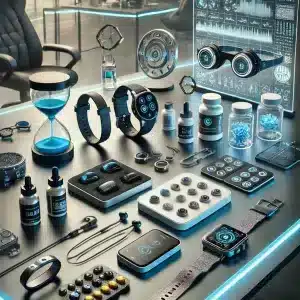 A-detailed-image-showcasing-a-variety-of-biohacking-gadgets-and-tools-on-a-sleek-modern-desk.-The-scene-includes-wearable-devices-like-smartwatches-a