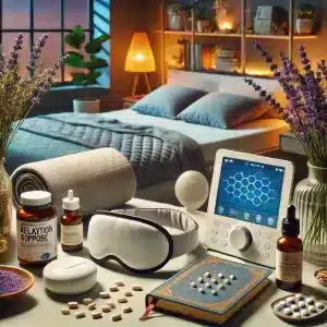 A detailed image showcasing biohacking tools and techniques for sleep and relaxation. The scene includes items like a high tech sleep mask a white no
