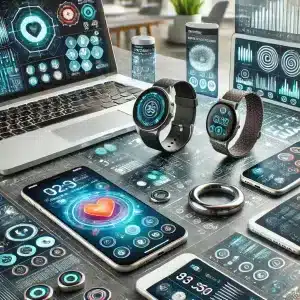 A-detailed-image-showcasing-various-biohacking-apps-and-software-on-different-devices.-The-scene-includes-a-smartphone-tablet-and-laptop-displaying-