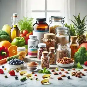 A vibrant image showcasing various nutritional supplements on a clean modern surface. The scene includes colorful vitamin bottles omega 3 fish oil c