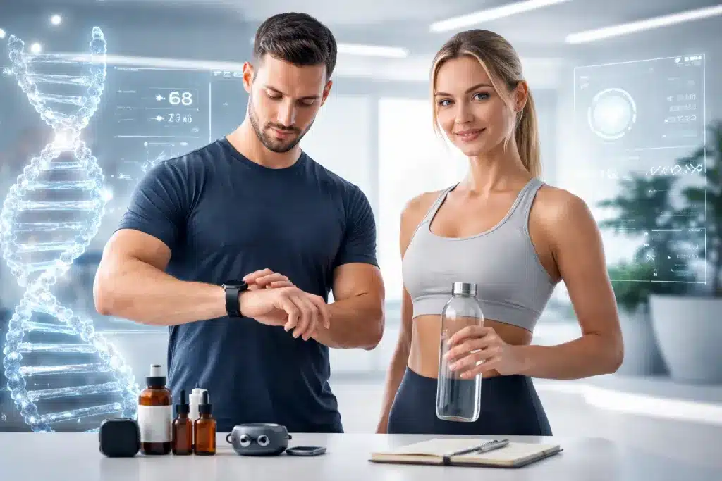 Moderne Biohacking-Szene mit Fitness-Tracking, Supplements und DNA-Visualisierung als Symbol für strukturierten Einstieg in Energie, Gesundheit und Langlebigkeit.