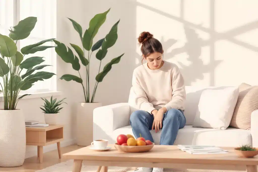 Brain Fog verstehen: 7 kraftvolle Biohacks gegen mentale Erschöpfung & Gehirnnebel 1 Junge Frau sitzt nachdenklich und mental erschöpft auf einem weißen Sofa in einem hellen, minimalistischen Wohnzimmer mit Pflanzen und natürlichem Tageslicht – Symbolbild für Brain Fog und mentale Müdigkeit.