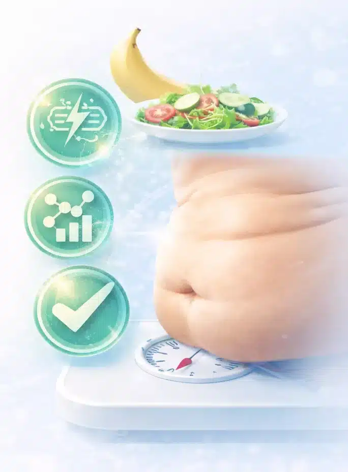 Biohacking Starter Blueprint 40+ 2 Heller Hintergrund mit Hanteln, Wasserflasche und Wecker auf der linken Seite sowie Bauchbereich auf einer Waage und gesunder Ernährung auf der rechten Seite, symbolisiert Energie- und Regenerationsveränderungen ab 40