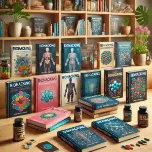 Bücherboard mit Büchern zu Gesundheit, Biohacking & Longevity